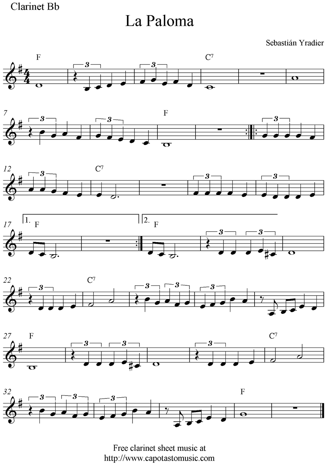 La Paloma, Free Clarinet Sheet Music Notes - Free Sheet Music For Clarinet Printable