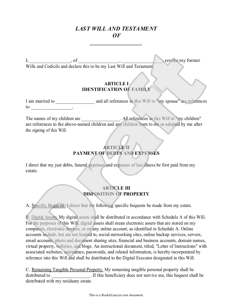 Last Will - Free Last Will And Testament Form, Document Sample - Free Online Printable Living Wills
