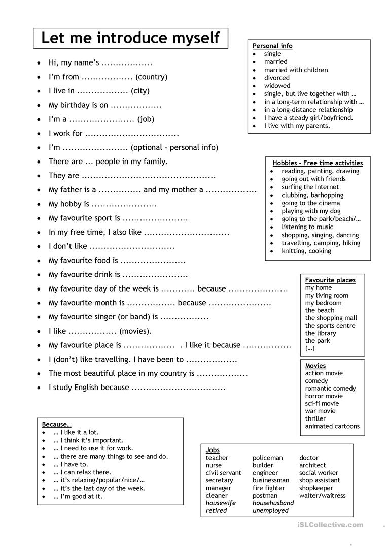 Let Me Introduce Myself (For Adults) Worksheet - Free Esl Printable - Free Printable English Lessons
