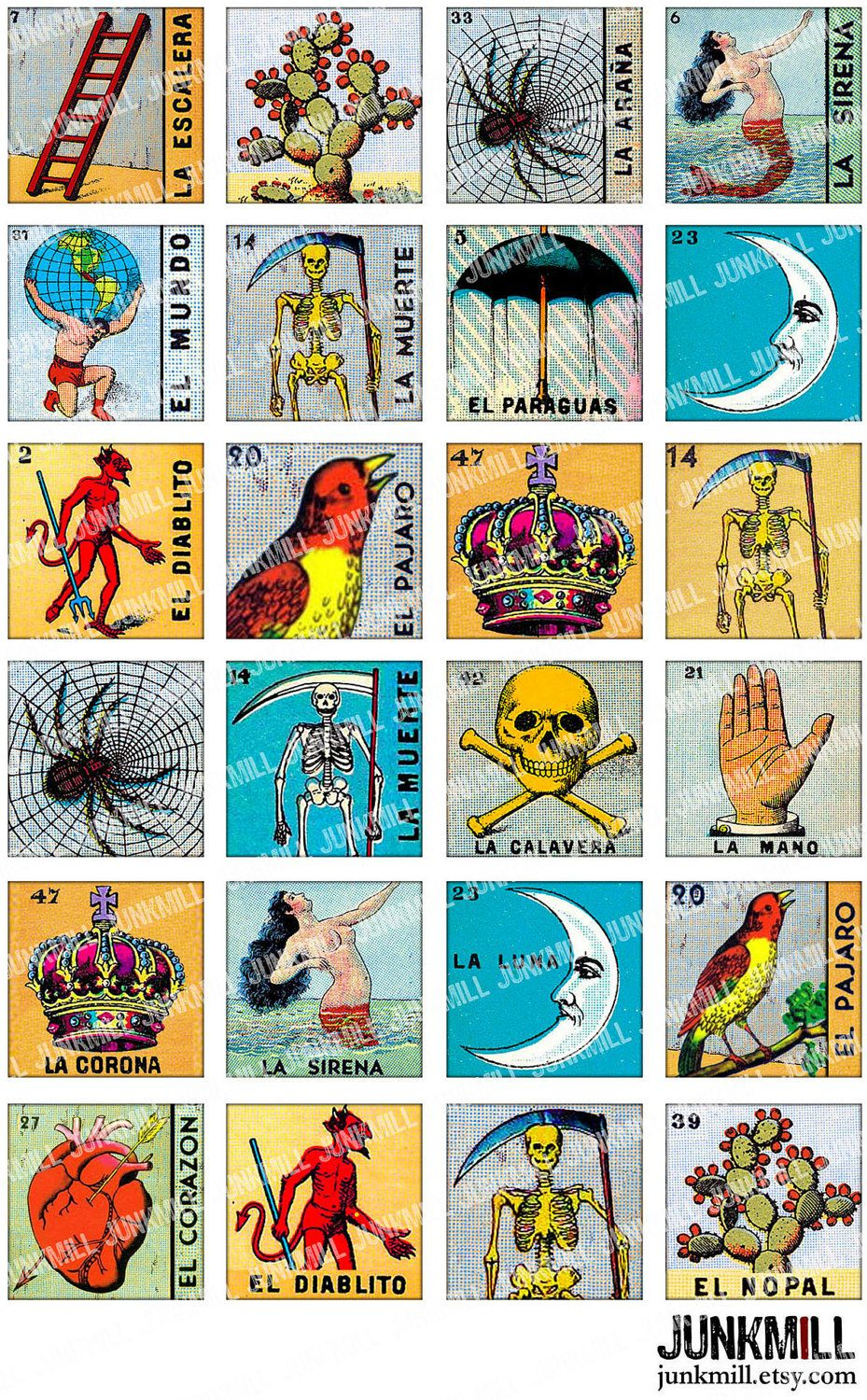 Loteria - Collage Sheet - Vintage Loteria Cards, Mexican Bingo, Day - Free Printable Loteria Game