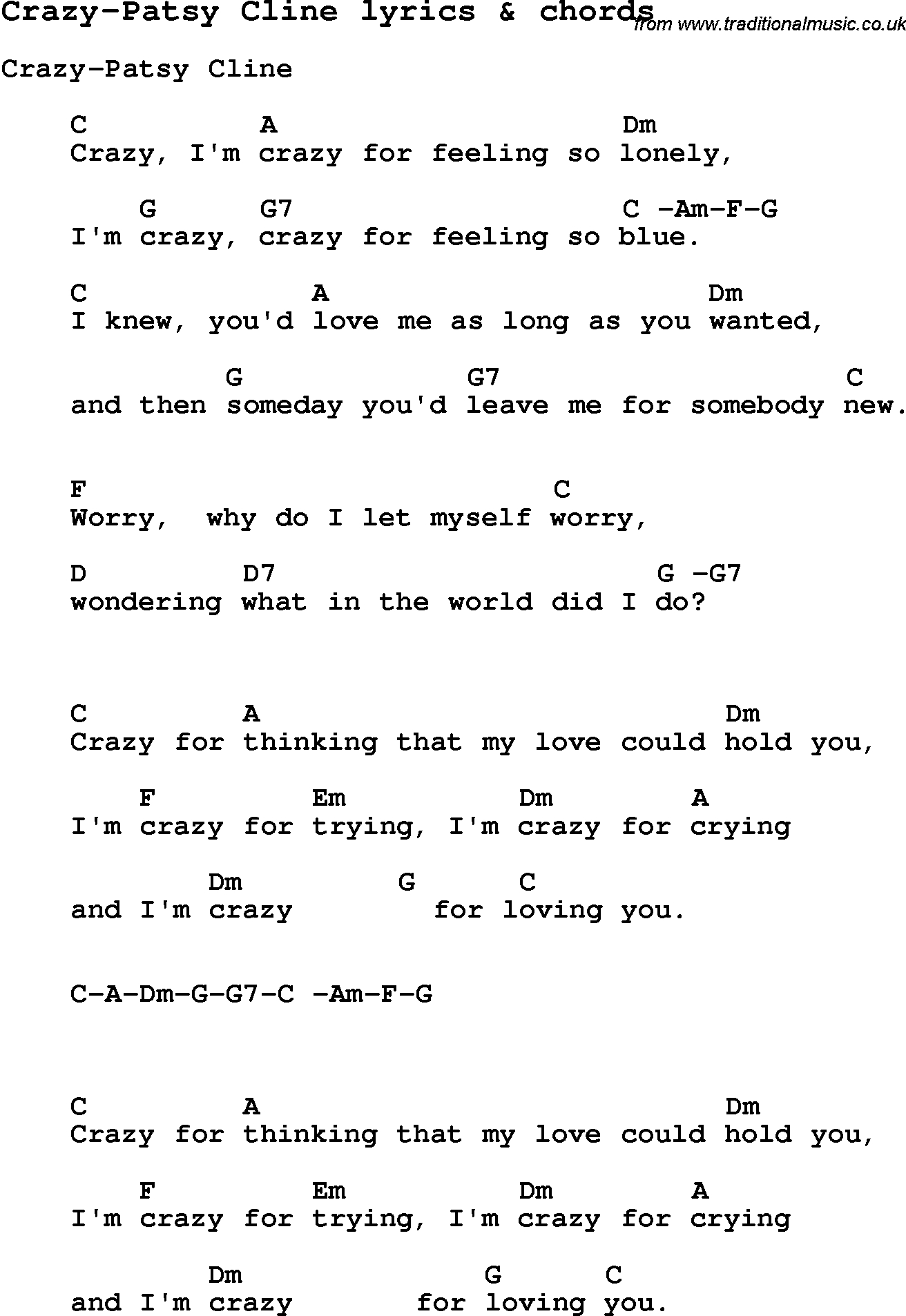 Love Song Lyrics For: Crazy-Patsy Cline With Chords For Ukulele - Free Printable Song Lyrics With Guitar Chords