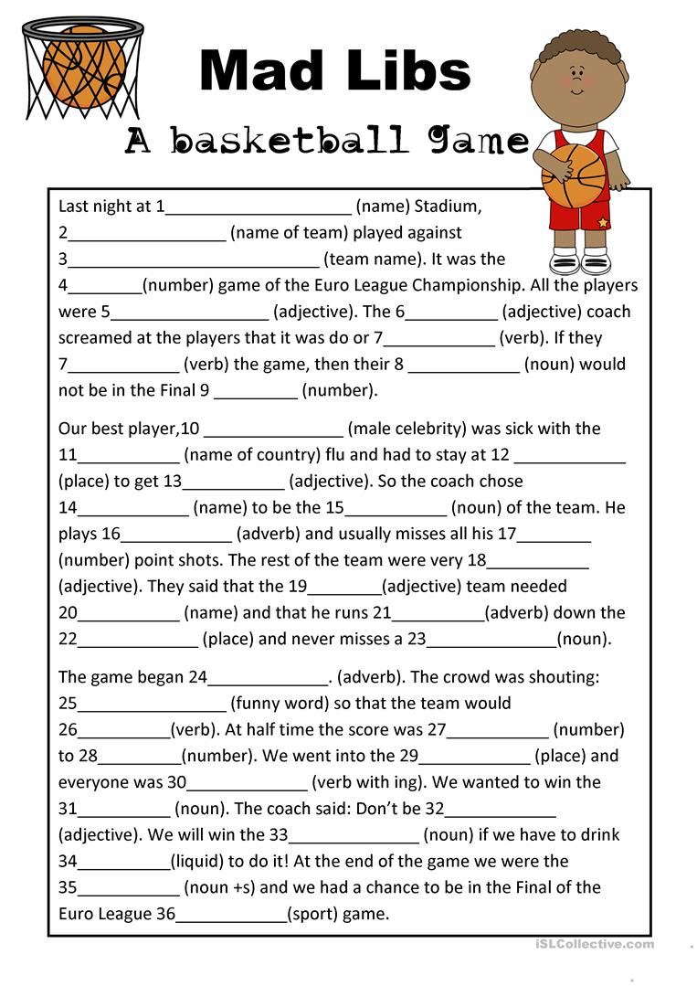 Mad Libs Parts Of Speech Basketball Game Worksheet - Free Esl - Free Printable Mad Libs