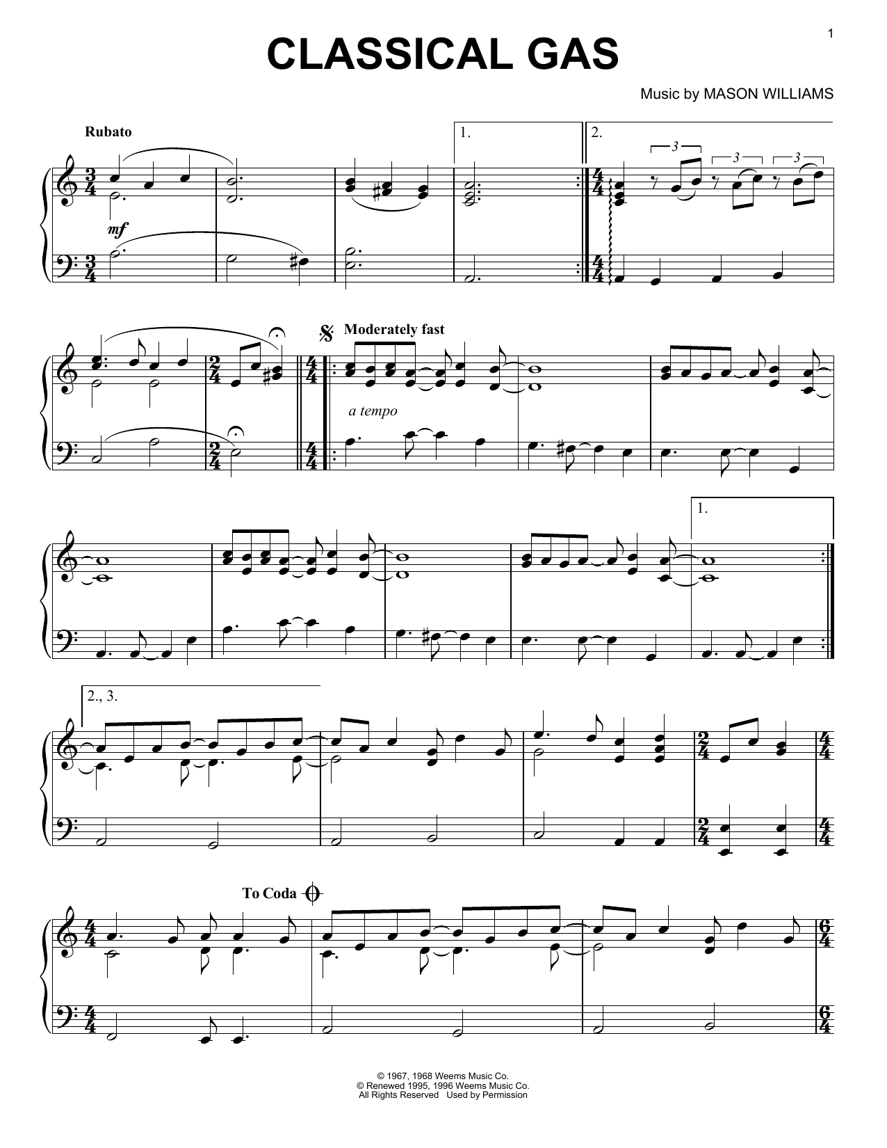 Mason Williams &amp;quot;classical Gas&amp;quot; Sheet Music Notes, Chords | Printable - Free Printable Classical Sheet Music For Piano