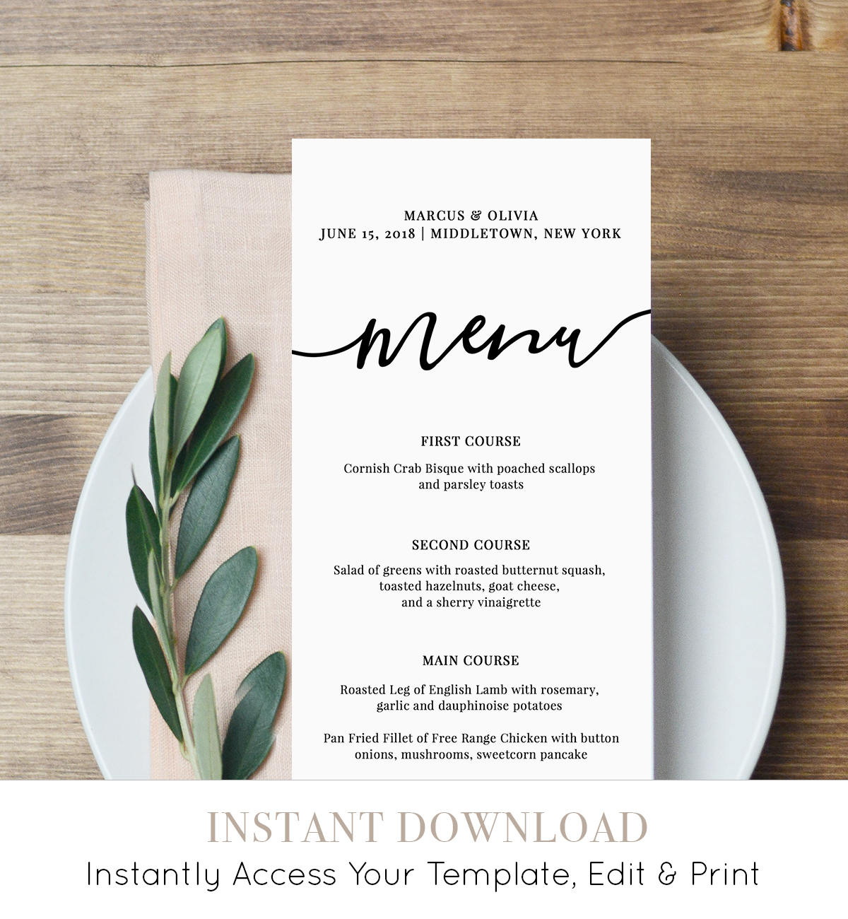 Menu Card Template, Printable Wedding Menu, Modern Calligraphy - Free Printable Wedding Menu Card Templates