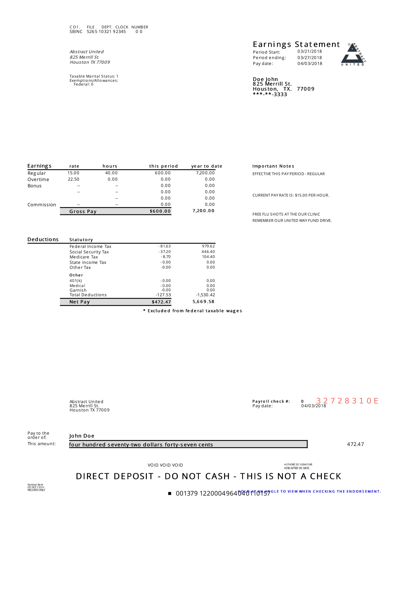 Modern Pay Stub Sample - Paycheck Stub Online - Free Printable Pay ...