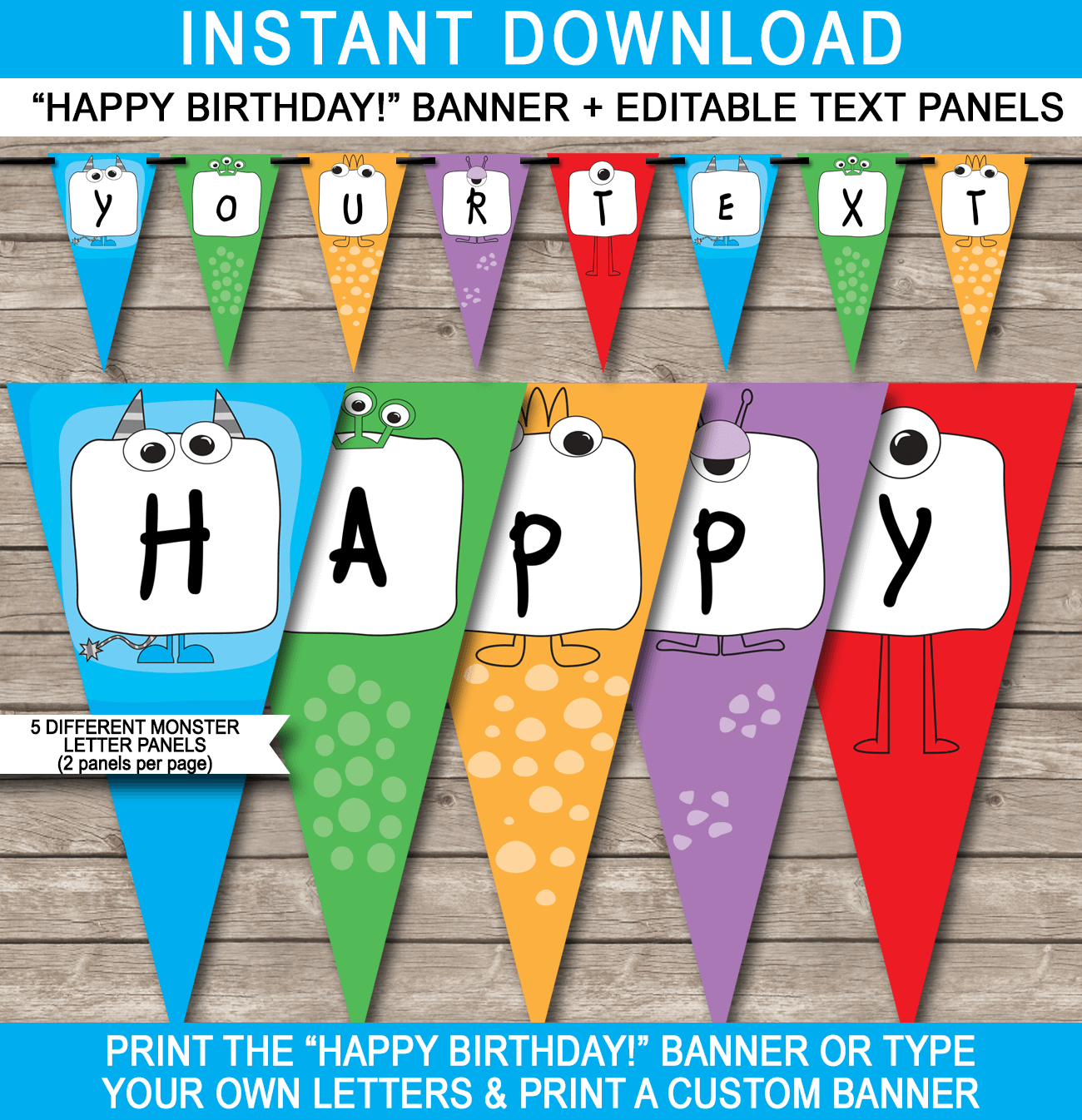 Monster Party Banner Template | Birthday Banner | Editable Bunting - Free Printable Happy Birthday Banner Templates