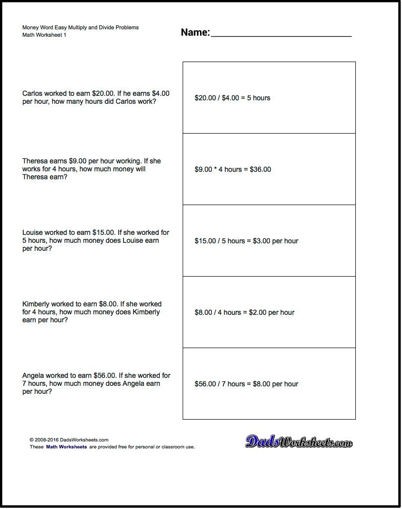 Multiplication Worksheet And Division Worksheet Money Word Problems - Free Printable Math Word Problems