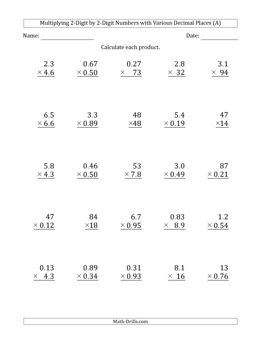 Multiplying 2-Digit2-Digit Numbers With Various Decimal Places (A) - Free Printable Multiplying Decimals Worksheets