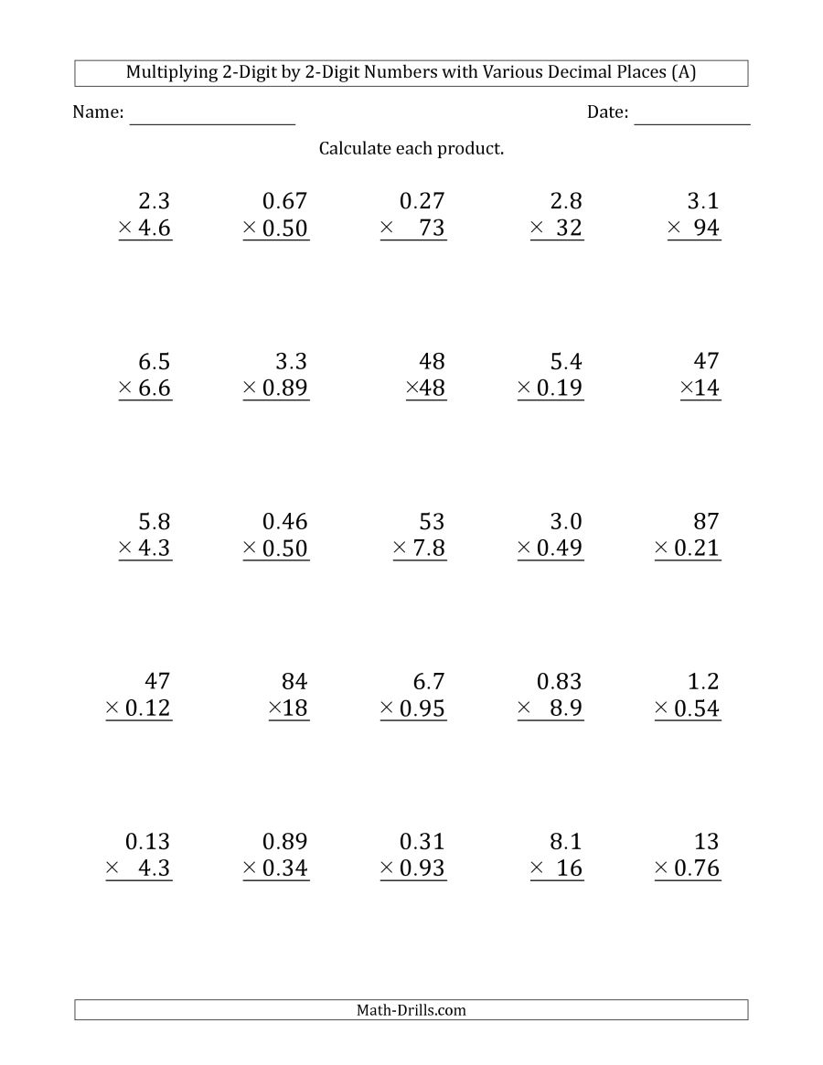 Free Printable Multiplying Decimal Worksheets