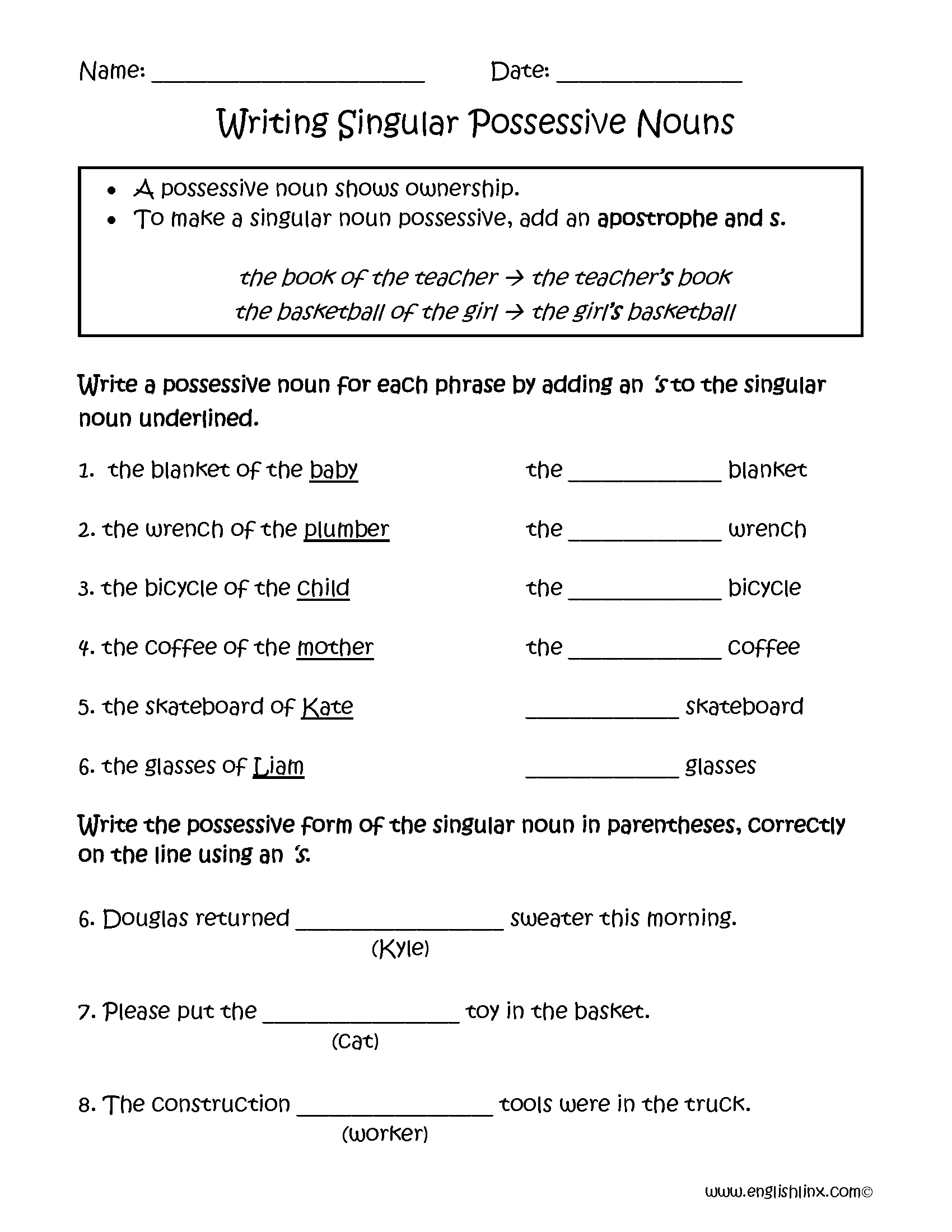 Nouns Worksheets | Possessive Nouns Worksheets - Free Printable Possessive Nouns Worksheets