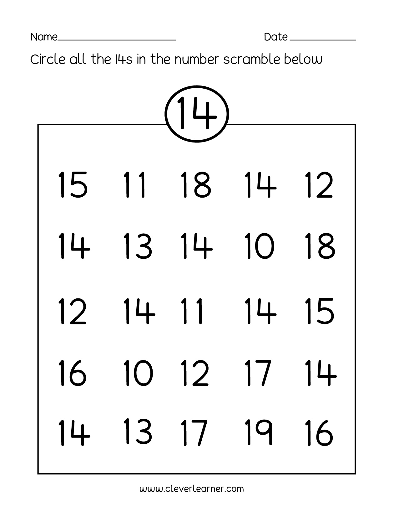 Number 14 Writing, Counting And Identification Printable Worksheets - Free Printable Number Worksheets For Kindergarten