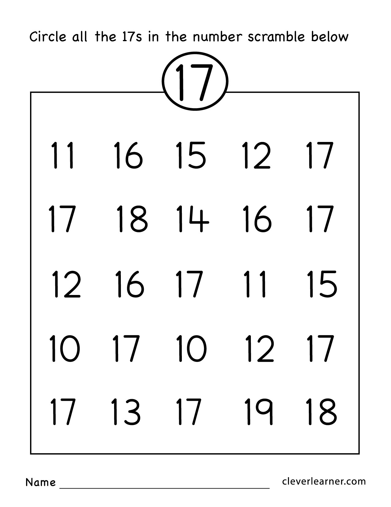 Number 17 Writing, Counting And Identification Printable Worksheets - Free Printable Number Worksheets For Kindergarten