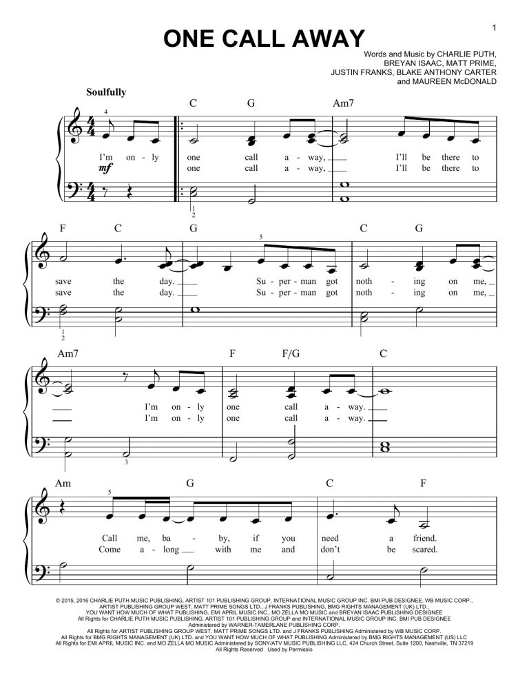 One Call Awaycharlie Puth Easy Piano Digital Sheet Music Nuty Free