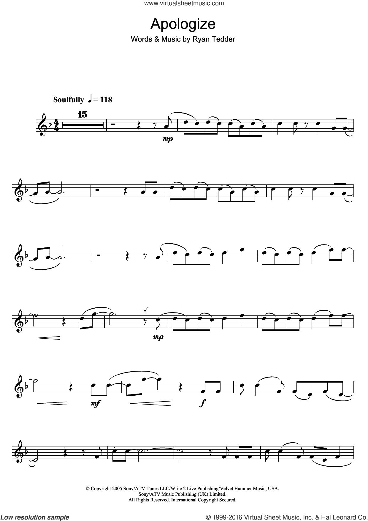 Onerepublic - Apologize Sheet Music For Clarinet Solo [Pdf] - Apologize Piano Sheet Music Free Printable