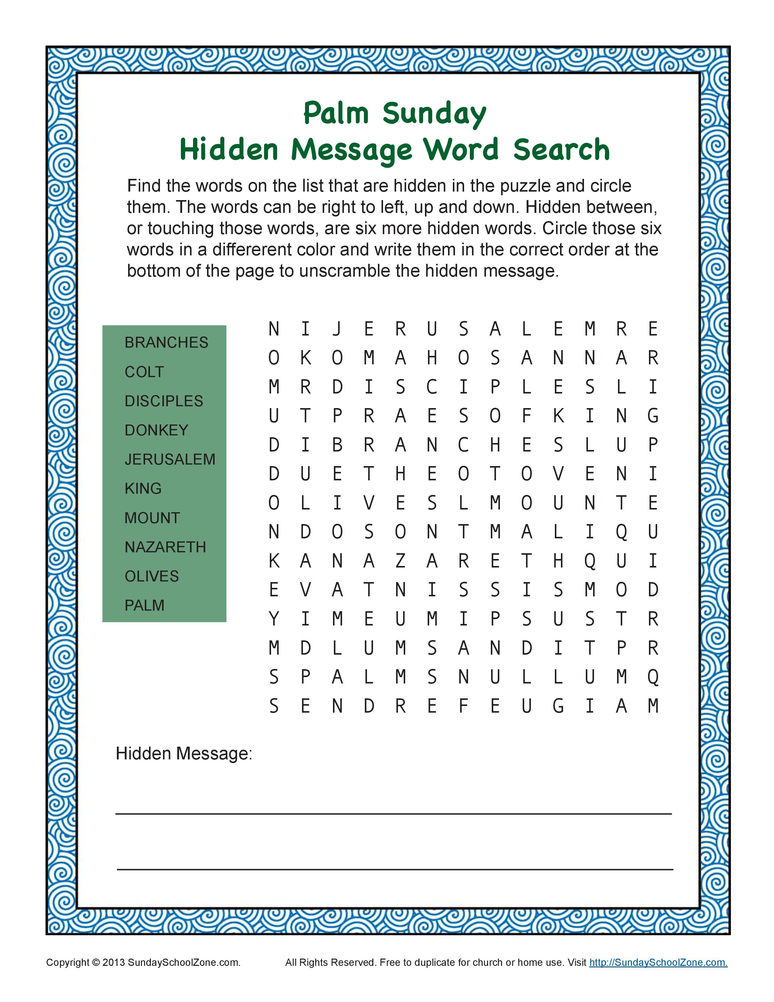 Palm Sunday Word Search Bible Activity On Sunday School Zone - Free Word Search With Hidden Message Printable