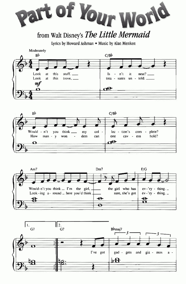 Part Of Your World The Little Mermaid Piano Sheet Music – Guitar - Free Guitar Sheet Music For Popular Songs Printable