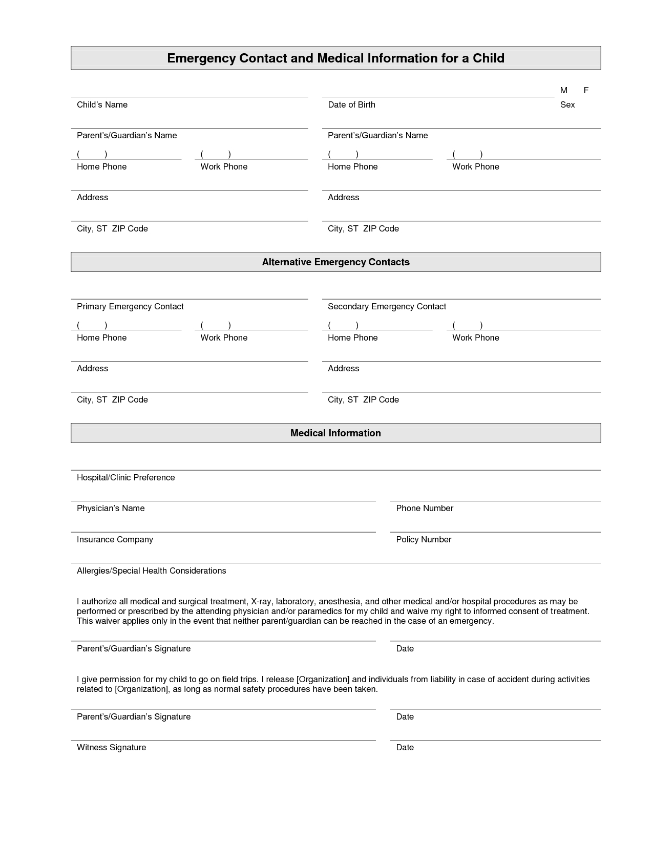 Printable Emergency Contact Form Template | Home Daycare | Pinterest - Free Printable Daycare Forms For Parents
