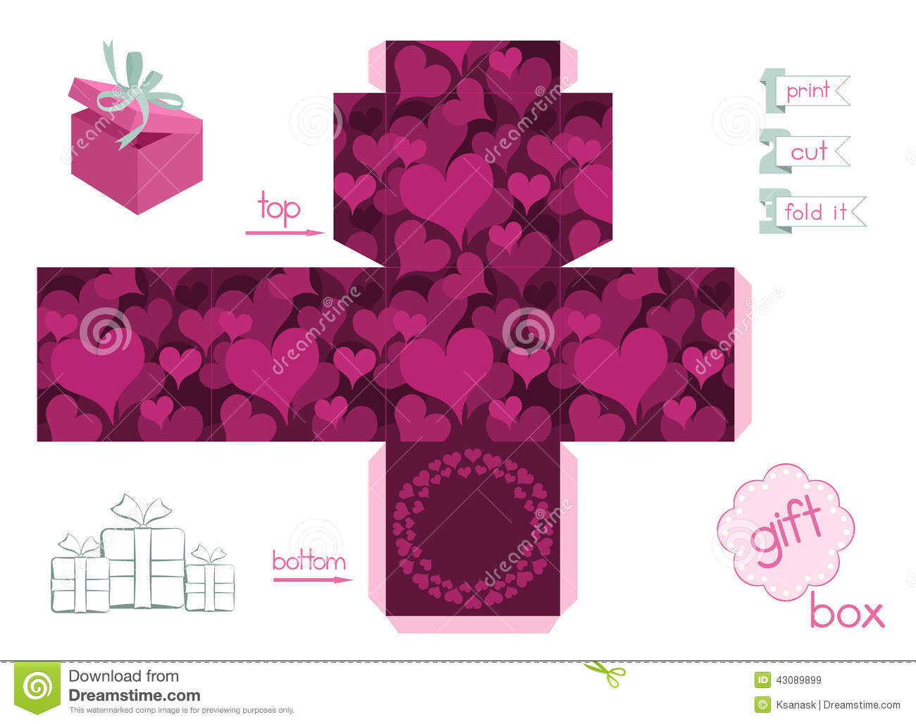 Printable Gift Box With Hearts Stock Vector - Illustration Of Heart - Gift Box Templates Free Printable