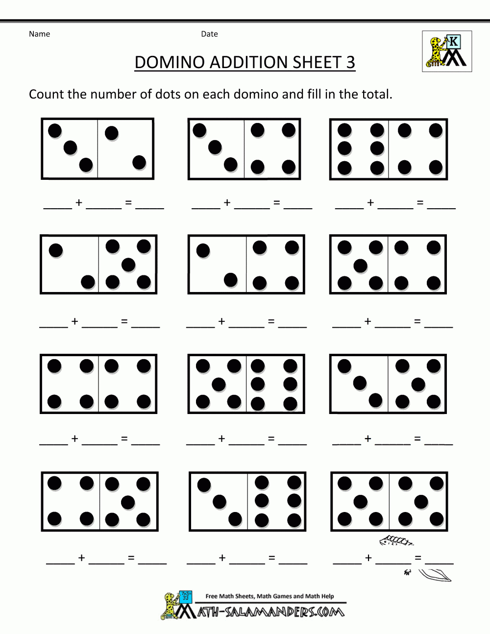 Printable Kindergarten Math Worksheets Domino Addition 3 - Free Printable Time Worksheets For Kindergarten