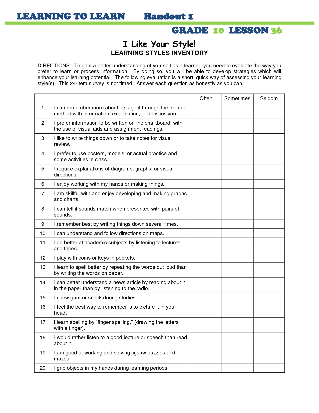 16 Best Images Of Learning Styles Inventory Printable Worksheet Vrogue