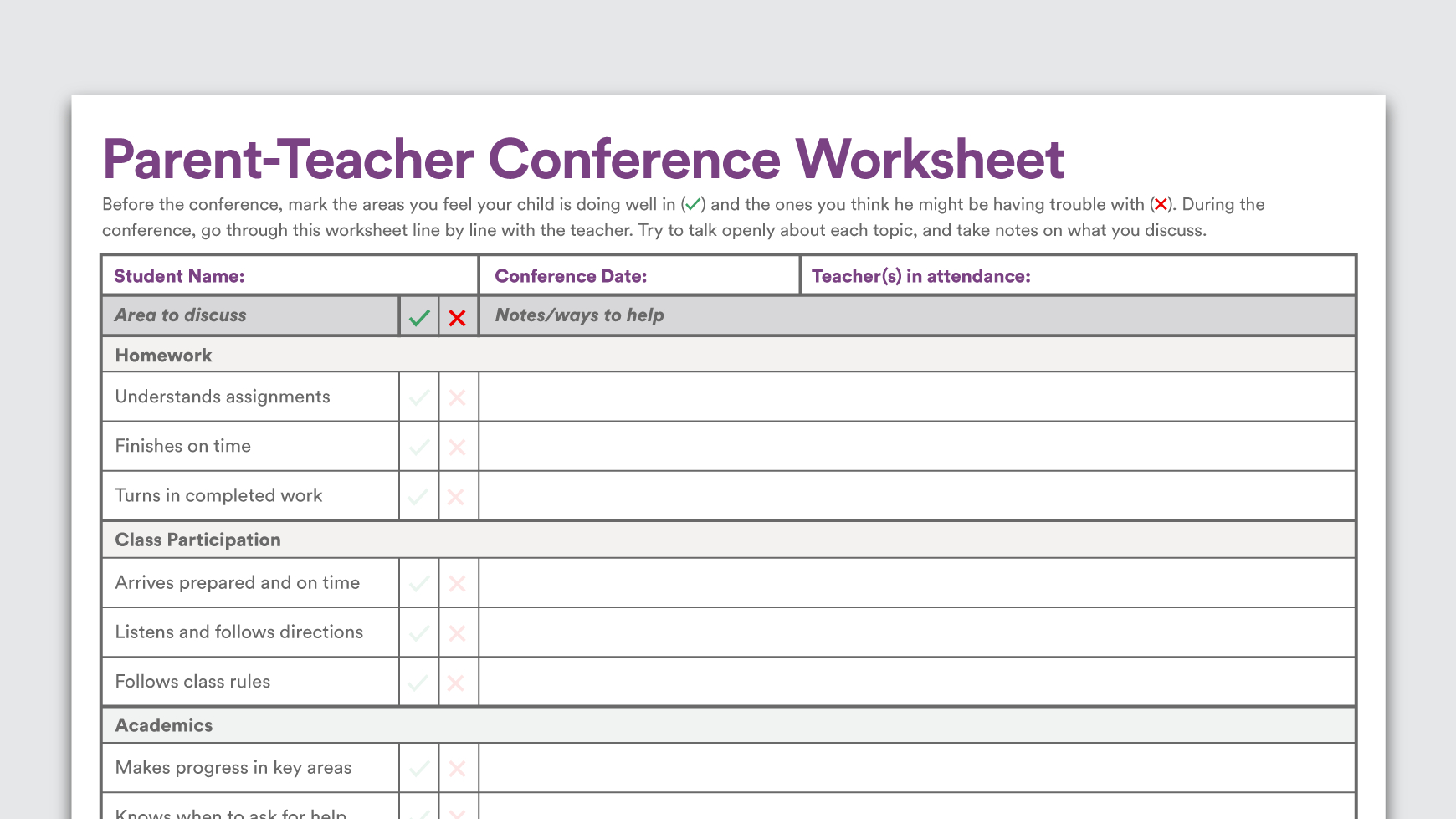 Printable Parent-Teacher Conference Worksheet - Free Printable Parent Information Sheet