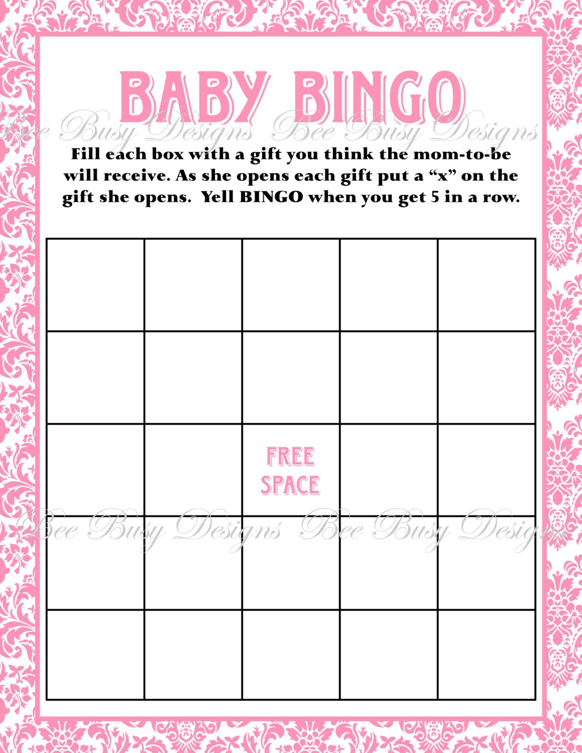 Printable Pink Damask Baby Shower Bingo Game | Bee Busy Designs - Baby Bingo Game Free Printable