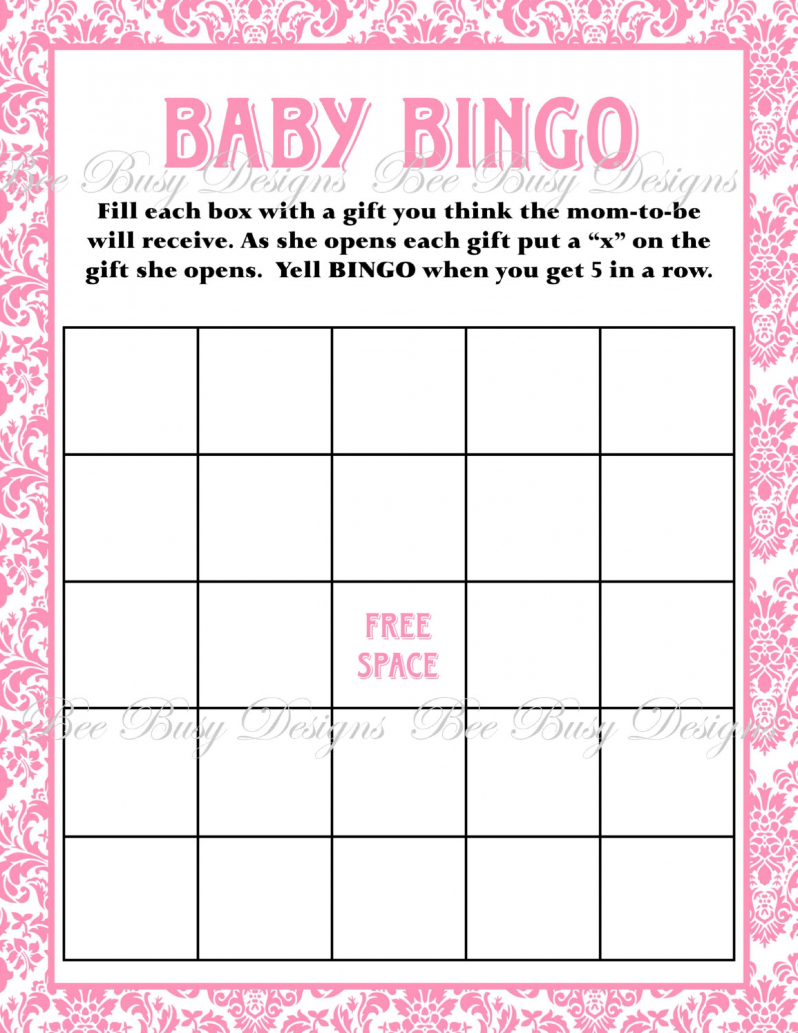 Printable Pink Damask Baby Shower Bingo Game Instant Download | Bee - Free Printable Baby Shower Bingo Cards