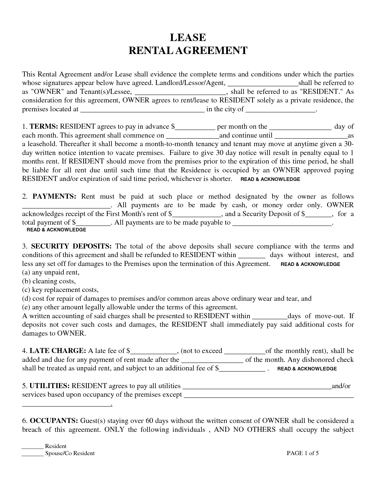 Printable Sample Residential Lease Form | Laywers Template Forms - Blank Lease Agreement Free Printable