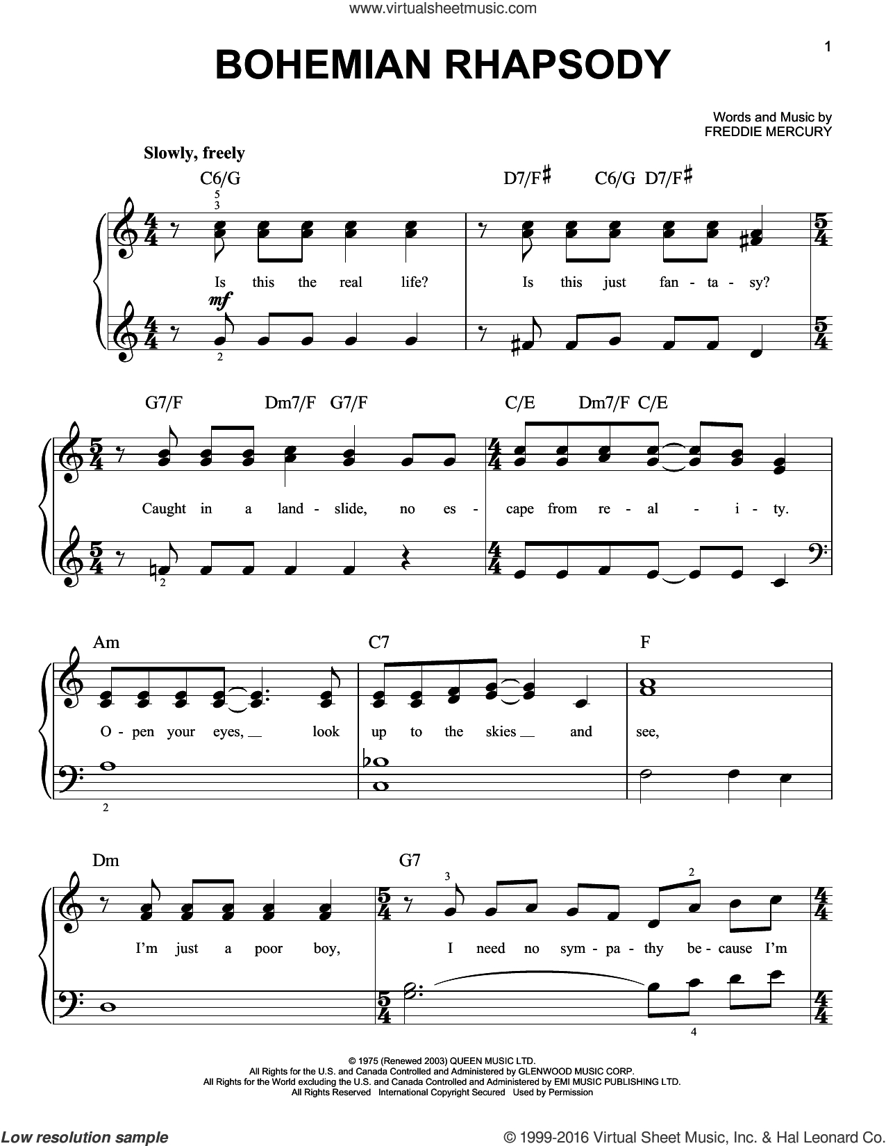 Queen - Bohemian Rhapsody, (Easy) Sheet Music For Piano Solo - Free Printable Music Sheets Pdf