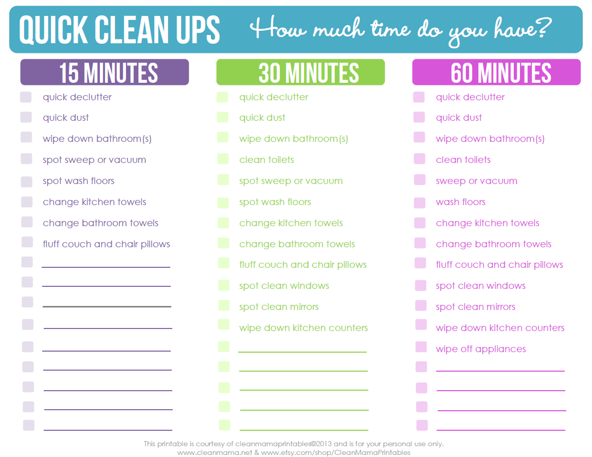 Quick Clean Ups Checklist - Free Printable - Clean Mama - Free Printable Cleaning Schedule