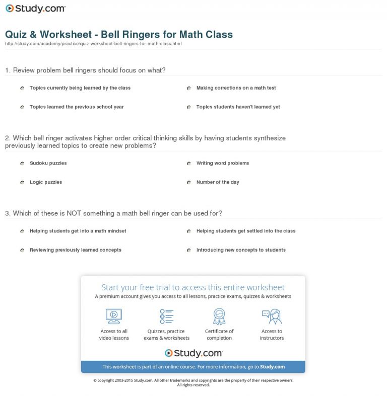Quiz Worksheet Bell Ringers For Math Class Study Free Printable Bell Ringers Free 