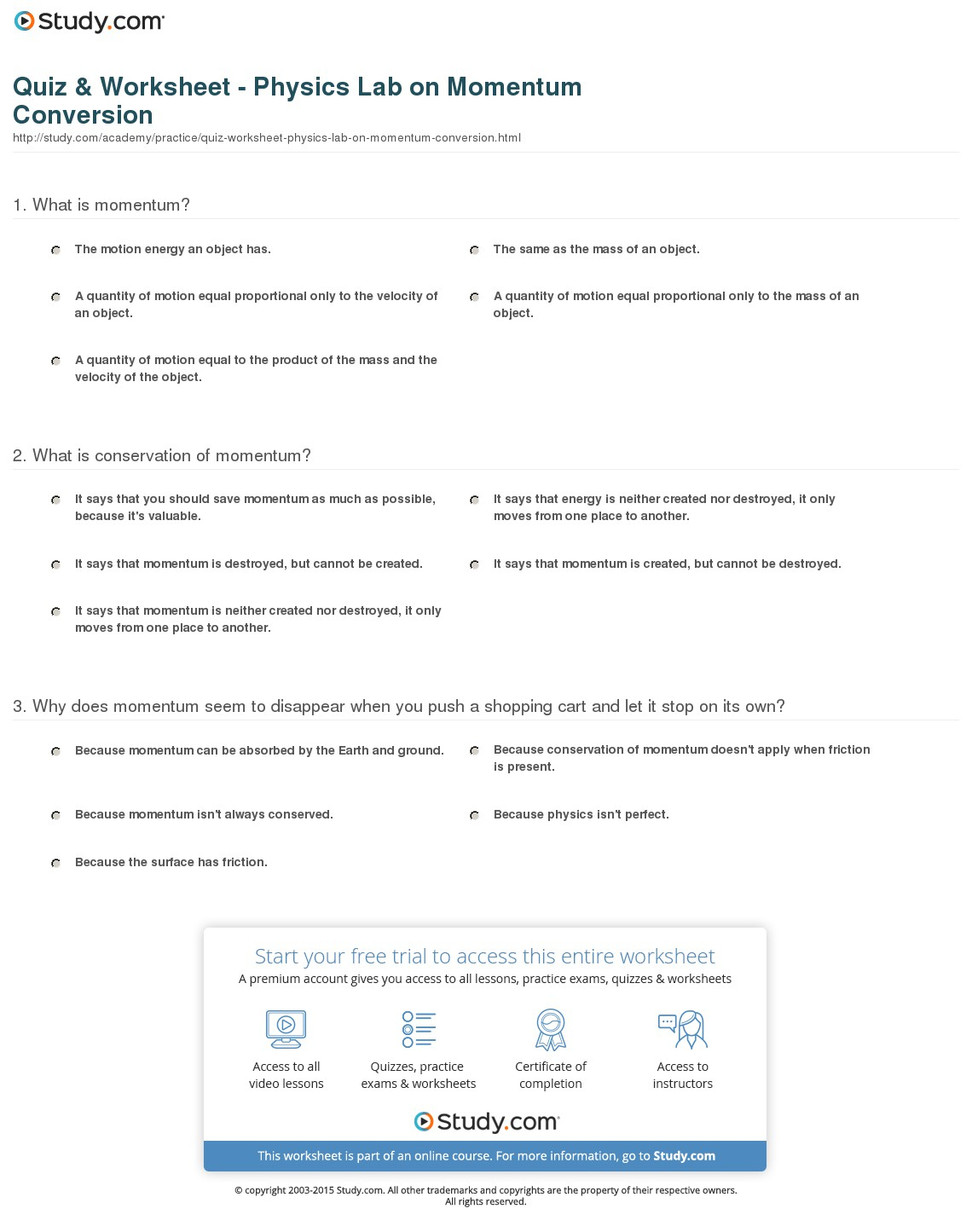 Quiz &amp;amp; Worksheet - Physics Lab On Momentum Conversion | Study - Free Printable Physics Worksheets