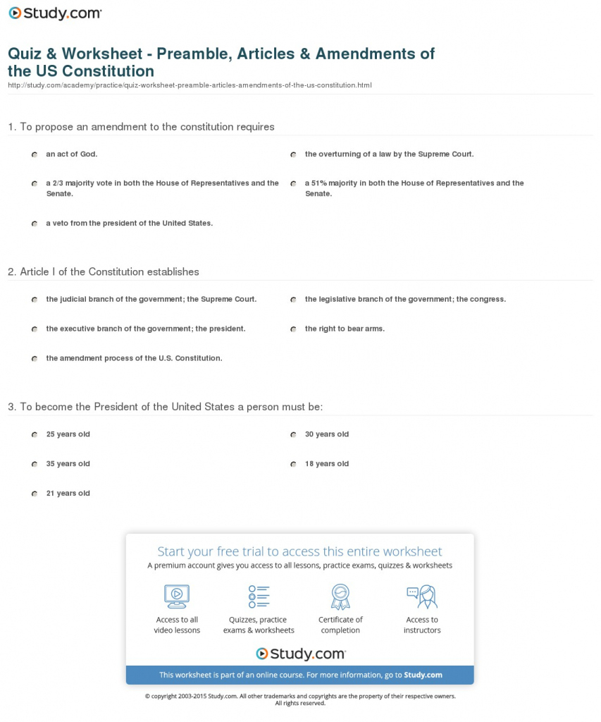 Quiz &amp;amp; Worksheet - Preamble, Articles &amp;amp; Amendments Of The Us | Free - Free Printable Us Constitution Worksheets