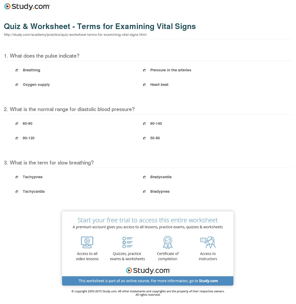 Quiz &amp; Worksheet - Terms For Examining Vital Signs | Study - Free Printable Vital Sign Sheets