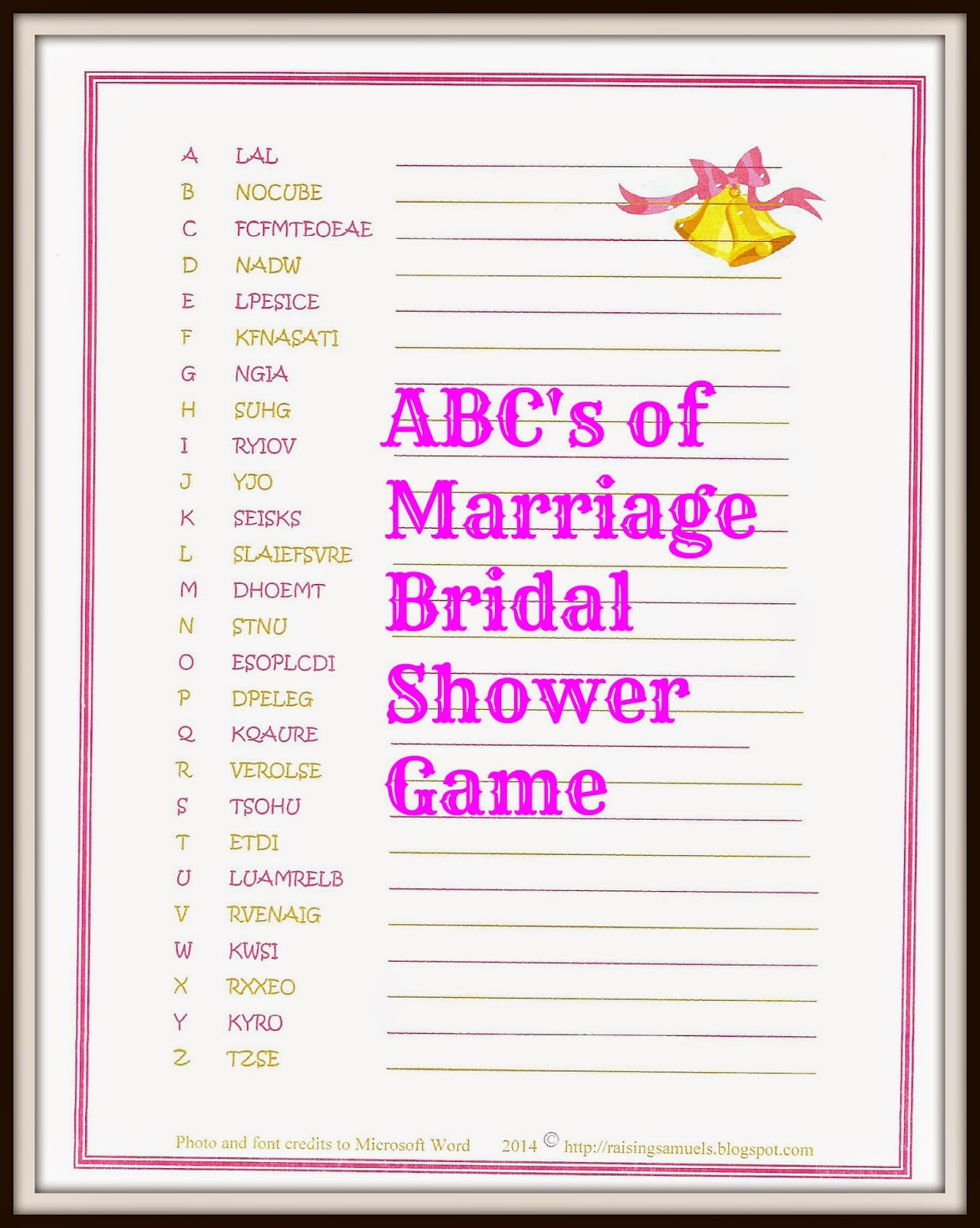Raising Samuels Life: Free: Abc&amp;#039;s Of Marriage Bridal Shower Game - Free Printable Bridal Shower Games Word Scramble