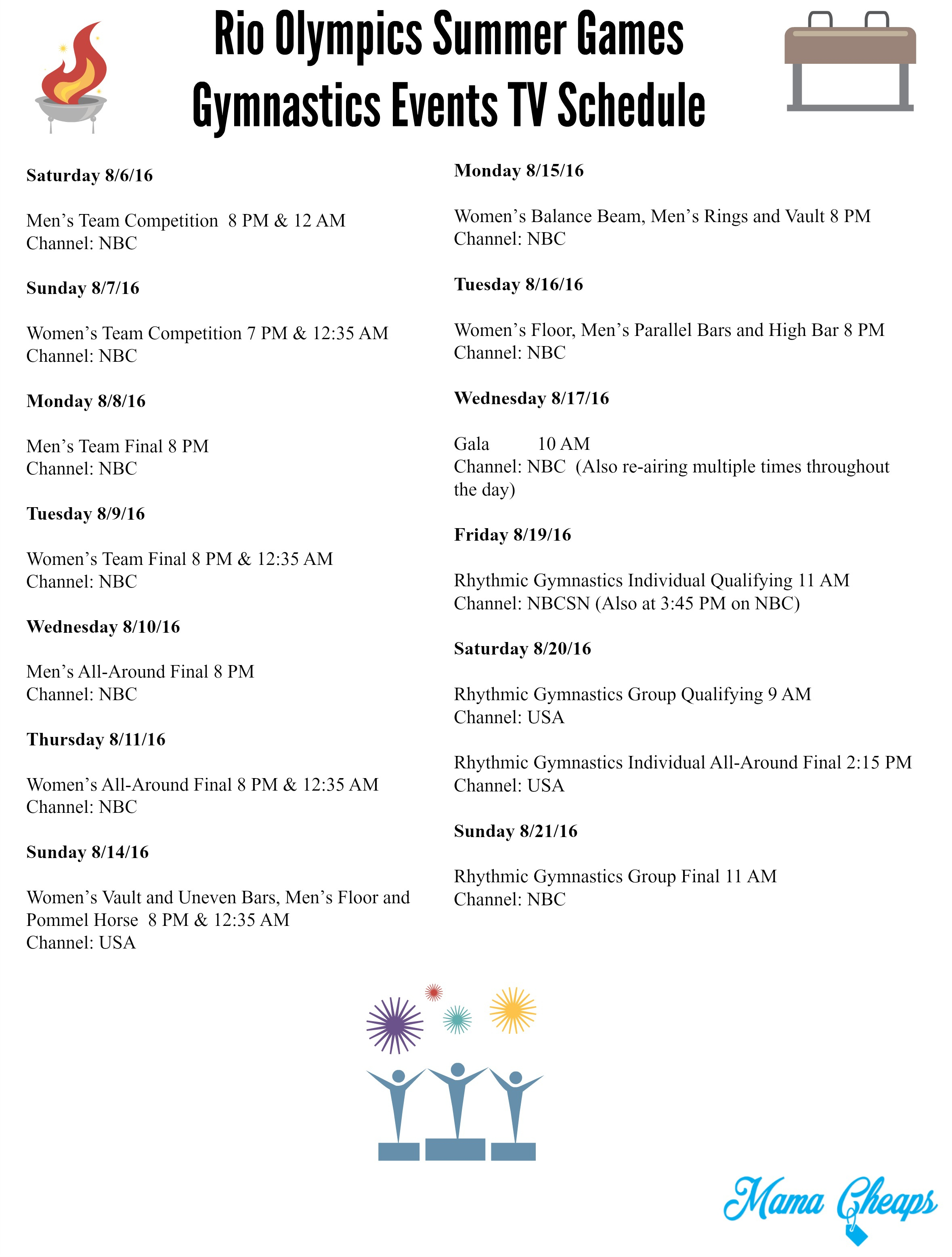 Rio Olympics Summer Games Gymnastics Events Tv Schedule - Free - Free Printable Summer Games