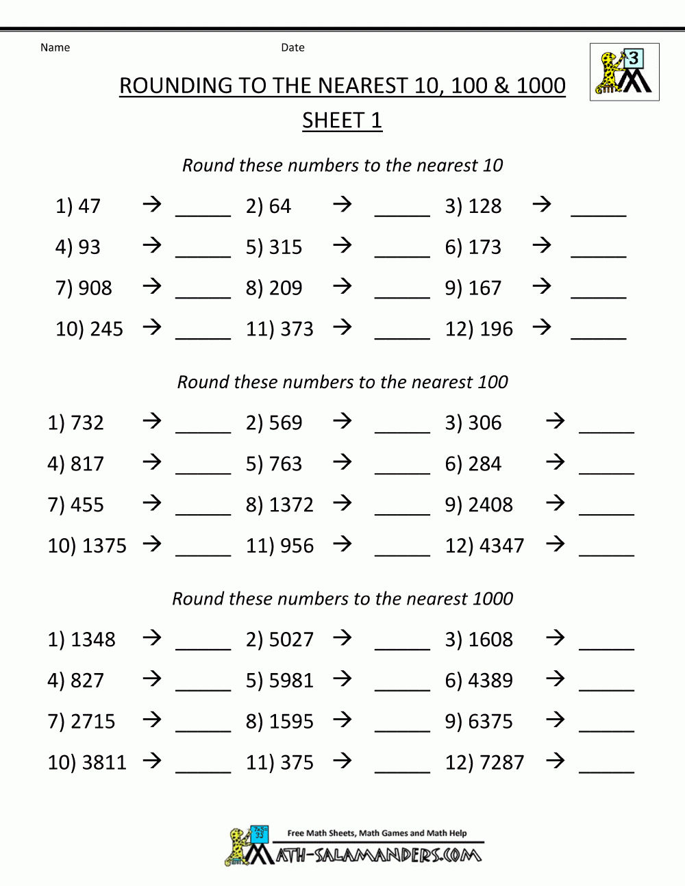 Rounding Numbers Worksheets Nearest 10 100 1000 1 | Maths - Free Printable 4Th Grade Rounding Worksheets