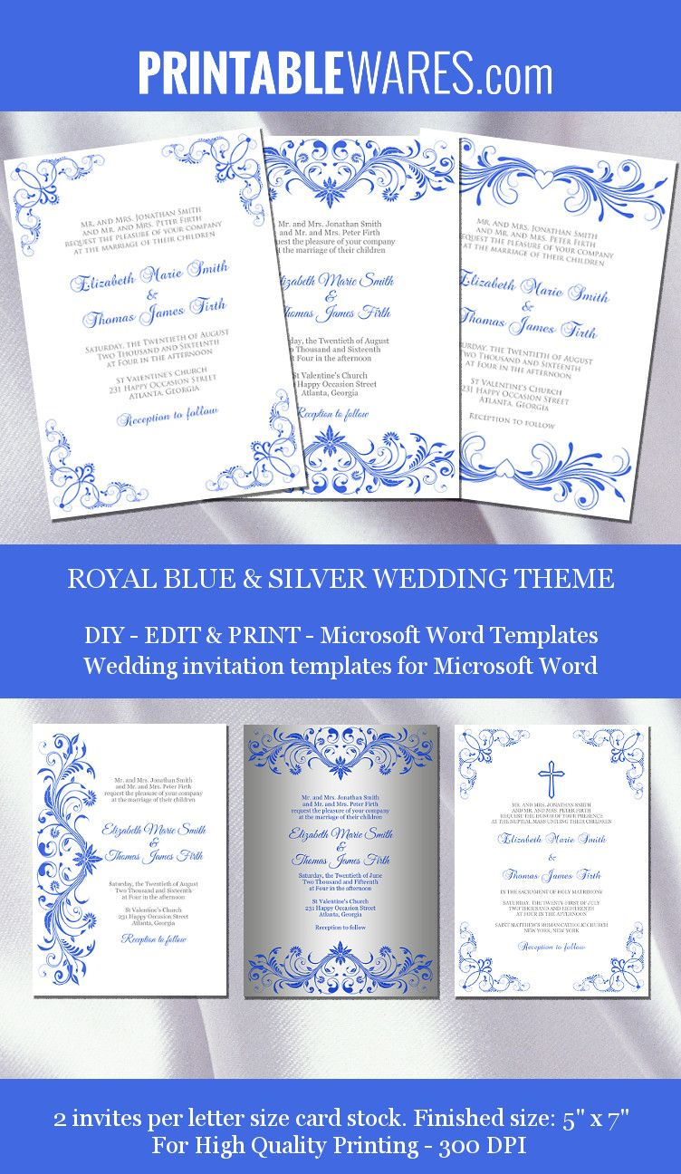 Royal Blue And Silver Wedding Invitation Templates For Microsoft - Free Printable Wedding Invitation Templates For Microsoft Word