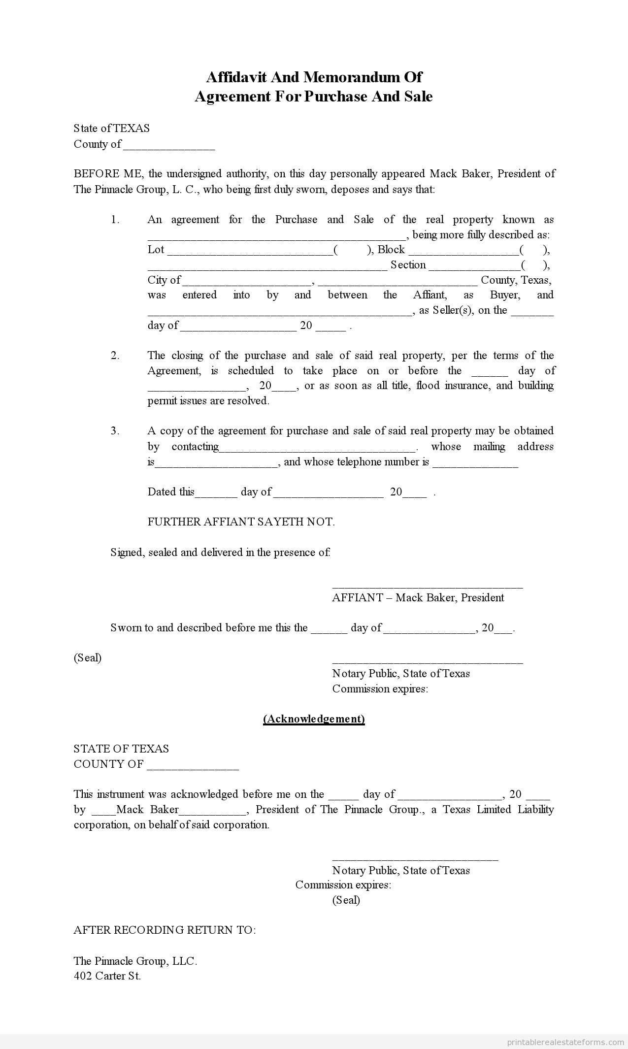 Sample Printable Affidavit Of Memorandum For Purchase And Sale 2 - Free Printable Real Estate Purchase Agreement