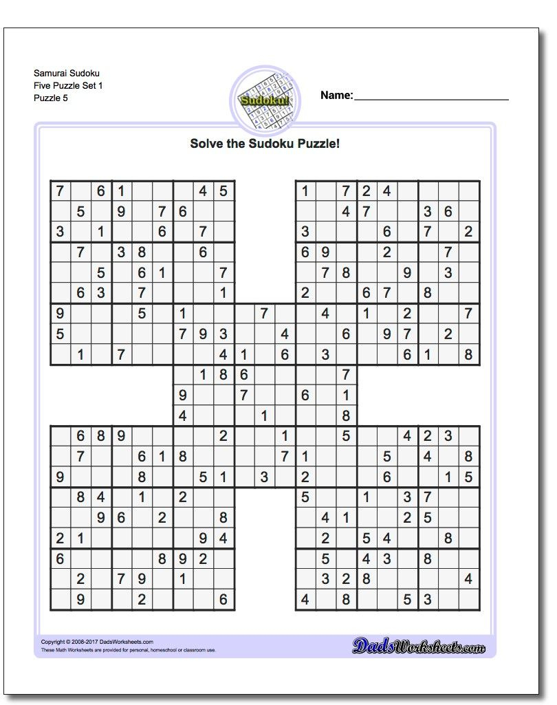 Samurai Sudoku Five Puzzle Set 1 #sudoku #worksheet | High Five - Free Printable Sudoku 4 Per Page