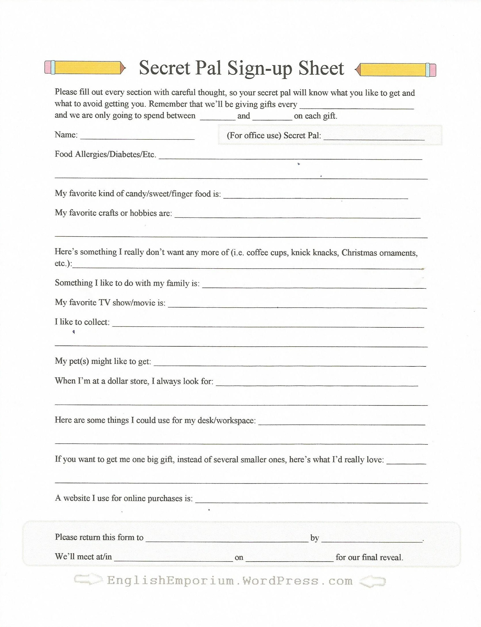 Free Printable Secret Pal Forms - Free Printable