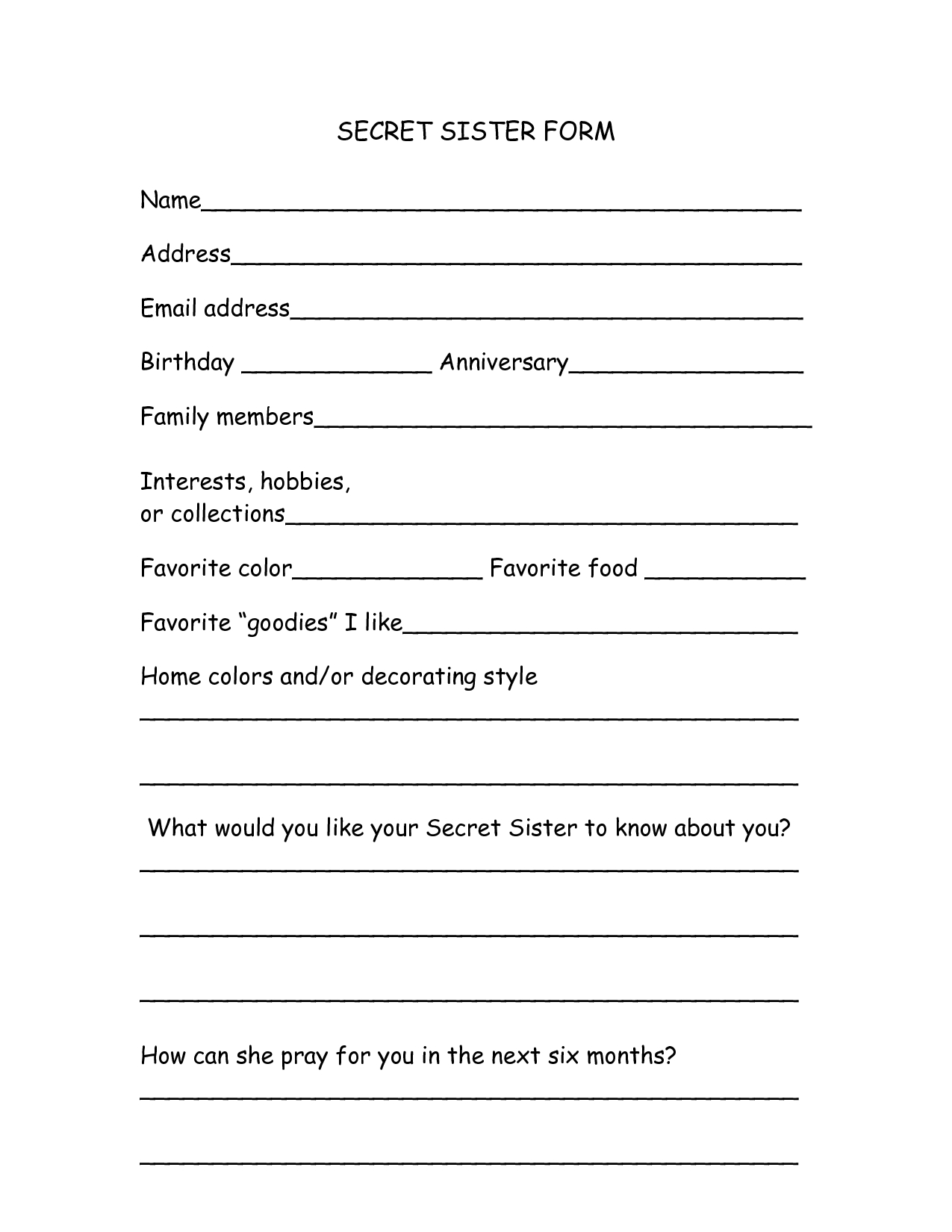 Secret Sister Questionnaire Free Printable Secret Pal Forms Free 
