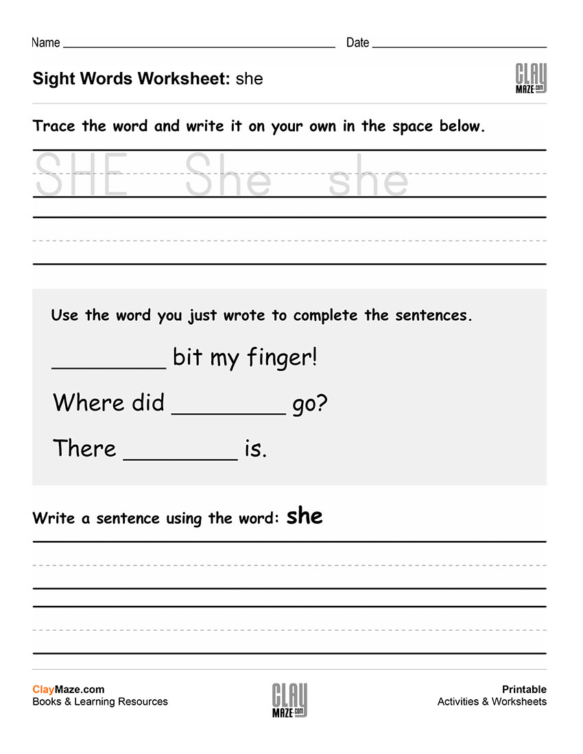 Sight Word Practice Worksheet – She | Free Printable Children&amp;#039;s - Free Printable Sight Word Worksheets