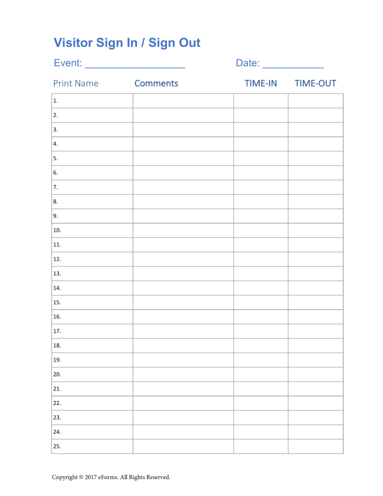 Sign In Sheet Templates Visitor Sign In Sign Out Sheet Template X - Free Printable Sign In And Out Sheets