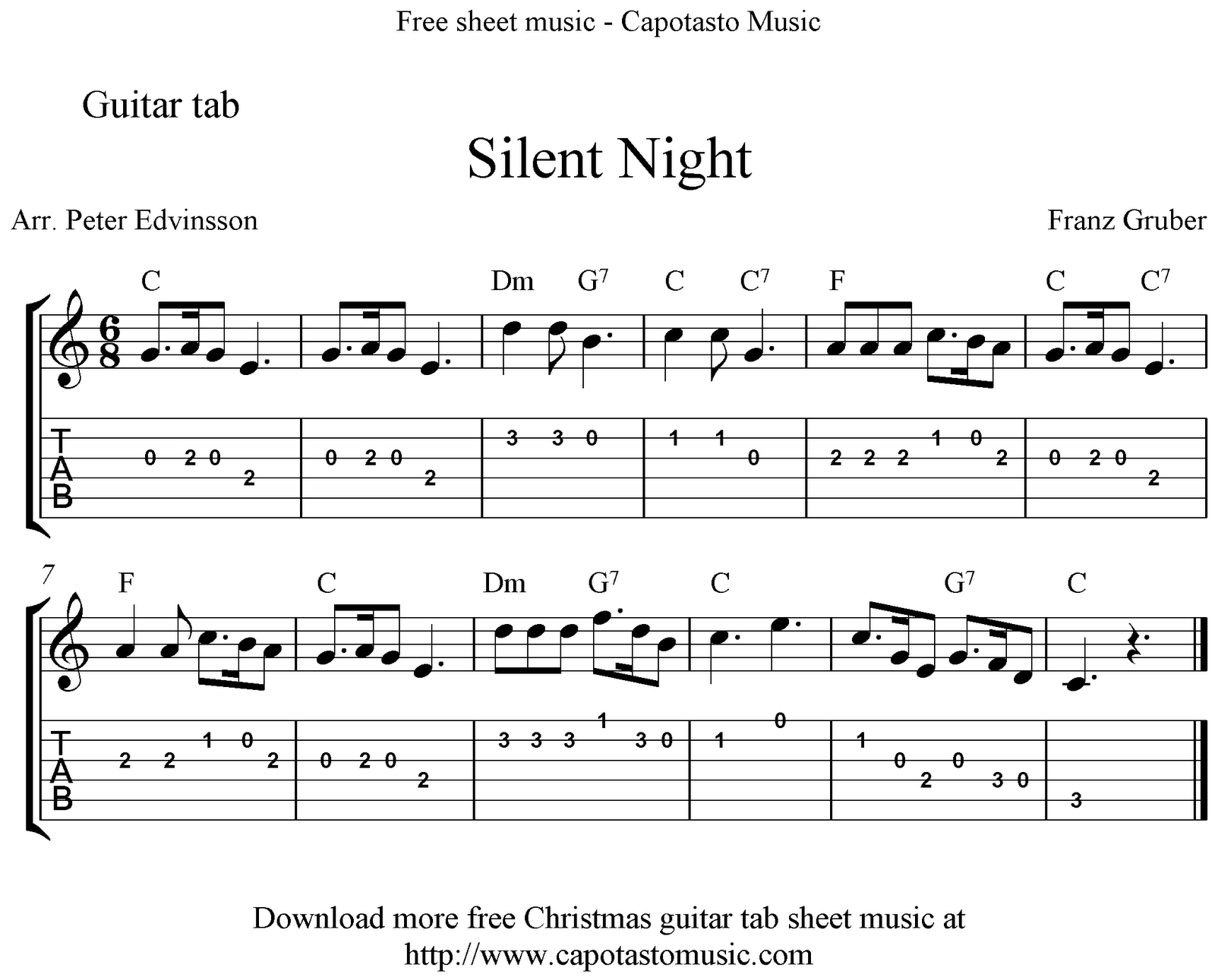 Silent Night, Easy Free Christmas Guitar Tab Sheet Music - Free Printable Guitar Tabs For Beginners