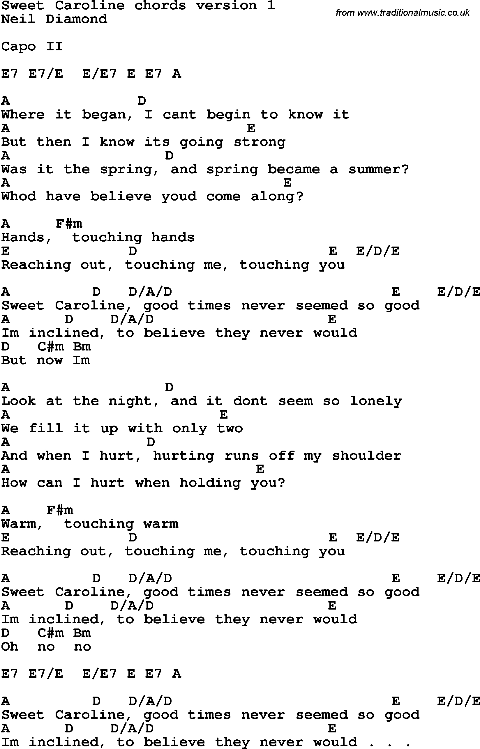 Song Lyrics With Guitar Chords For Sweet Caroline - Free Guitar Sheet Music For Popular Songs Printable