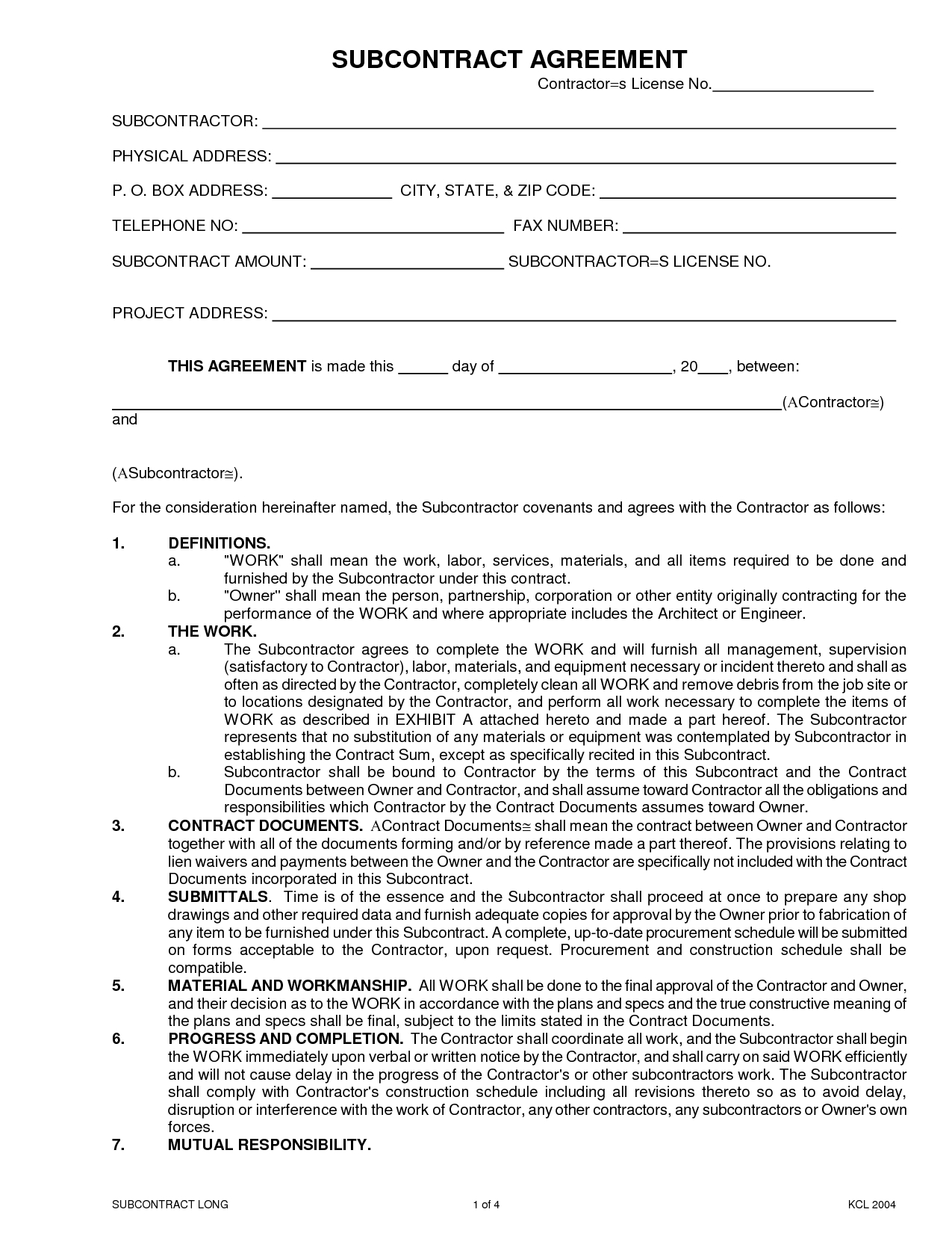 Subcontractor Agreement - Place Today&amp;#039;s Date At The Peak Of The - Free Printable Subcontractor Agreement