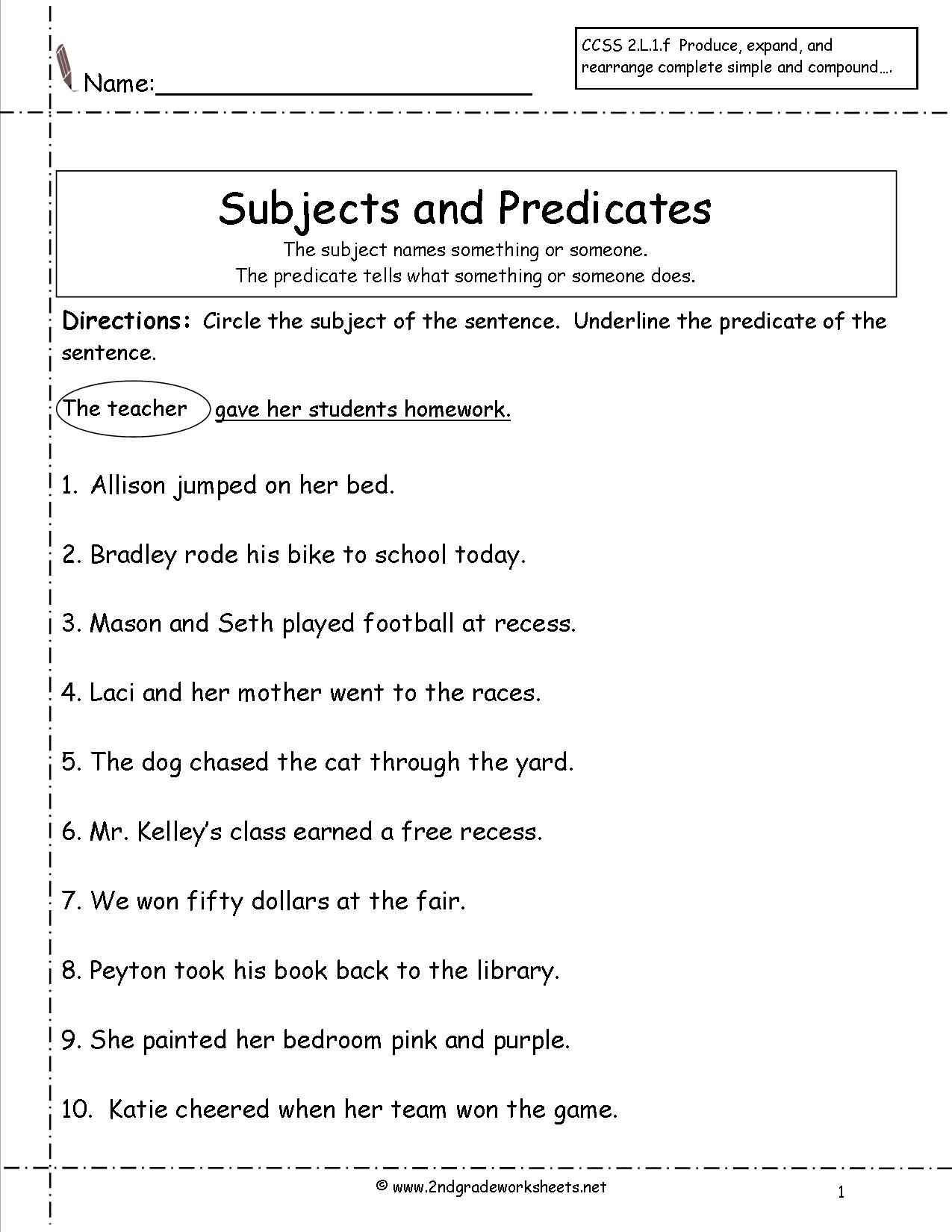 Free Printable Subject Predicate Worksheets 2Nd Grade Free Printable
