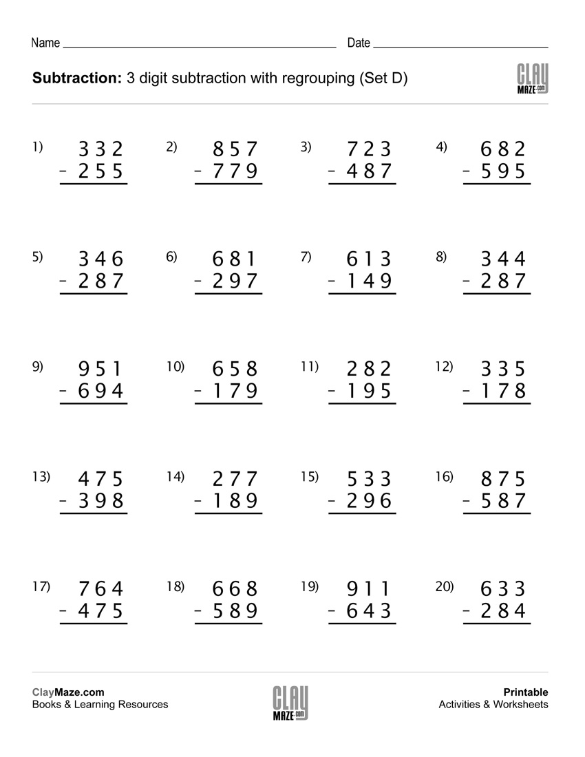 Subtraction Worksheet – 3 Digit Subtraction With Regrouping (Set D - Free Printable 3 Digit Subtraction With Regrouping Worksheets