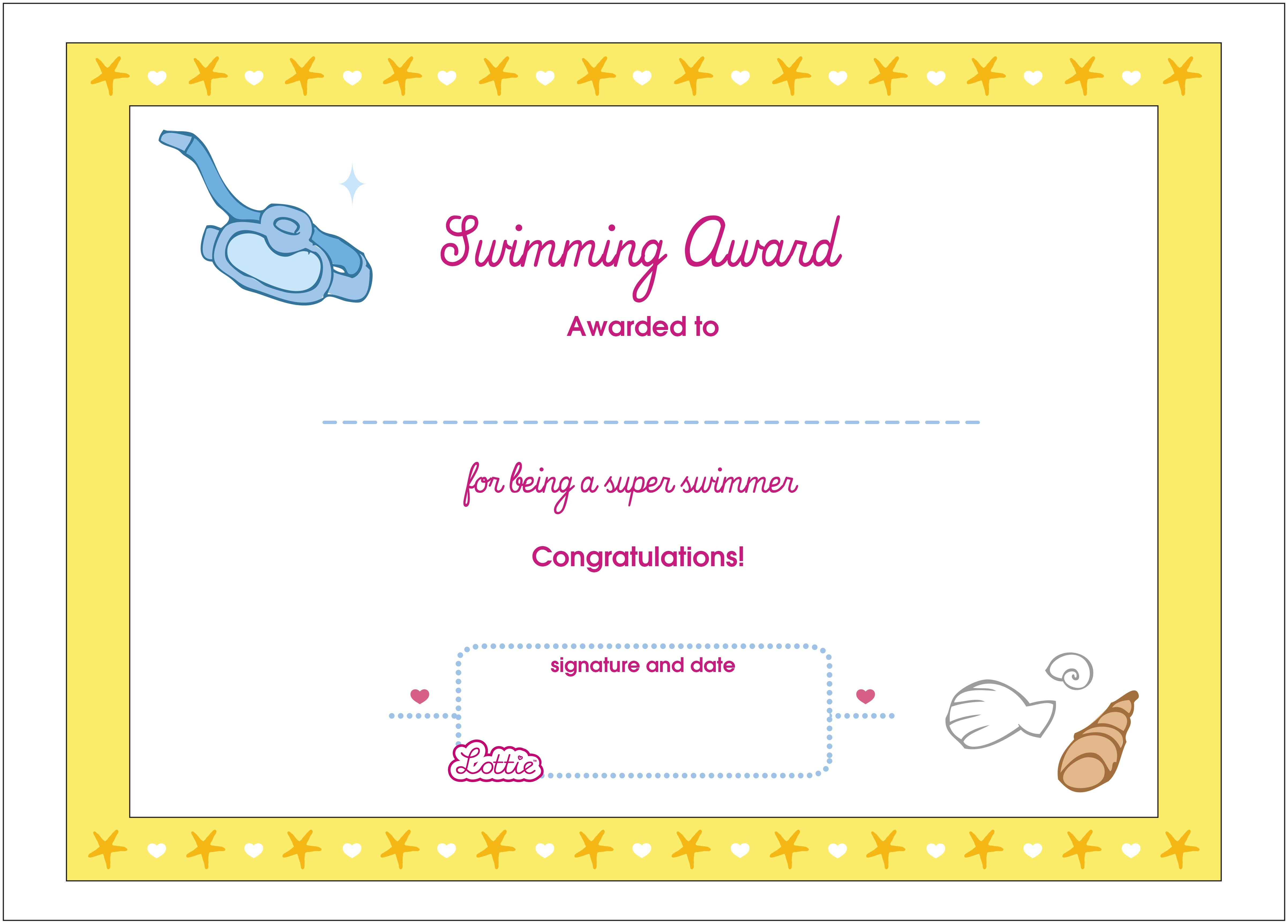 Swimming Printable Award Certificate – Lottie Dolls - Free Printable Swimming Certificates For Kids